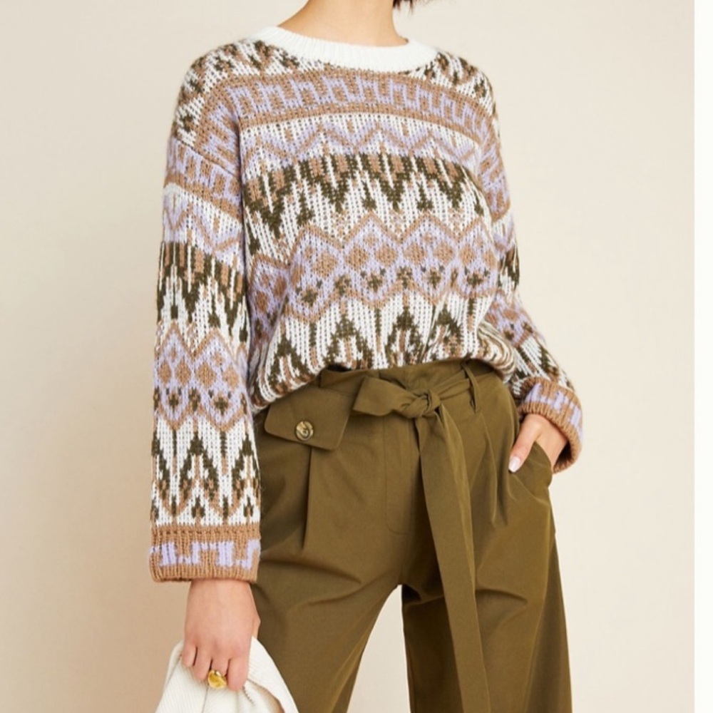 Anthropologie Crew Neck Sweater - Cream, Brown, Purple